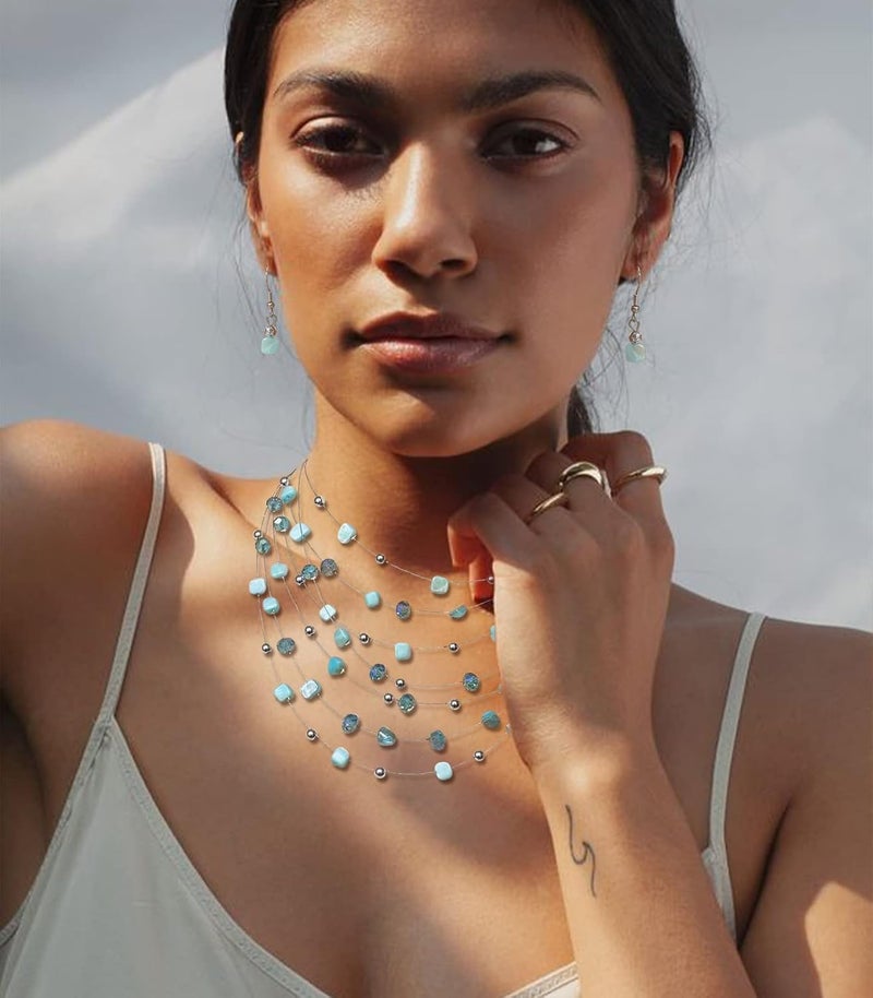 Errally Store Multi-Layer Boho Shell Beaded Necklace for Women Colorful Crystal Strand with Silver Beads Statement Collars Necklace and Earrings Costumes Jewelry Sets for Women - Image 3